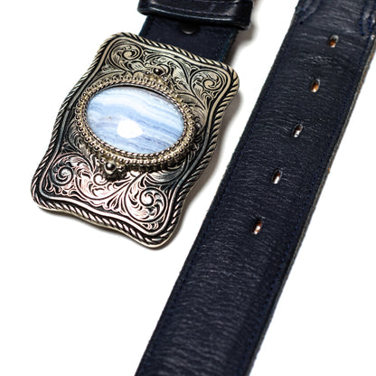 Navy Leather Belt with Silvertone Belt Buckle