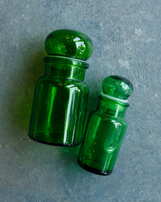 Set of Two Emerald Green Vintage Belgian Apothecary Jars