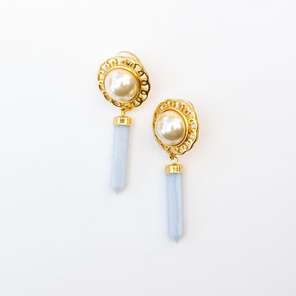 1980's Saks Fifth Avenue Gold Plated Quartz and Faux Pearl Earrings