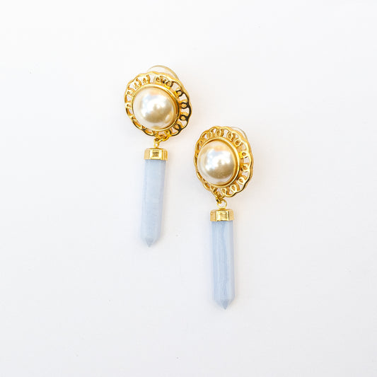 1980's Saks Fifth Avenue Gold Plated Quartz and Faux Pearl Earrings