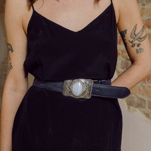 Navy Leather Belt with Silvertone Belt Buckle