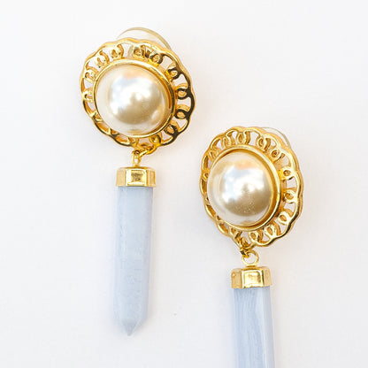 1980's Saks Fifth Avenue Gold Plated Quartz and Faux Pearl Earrings