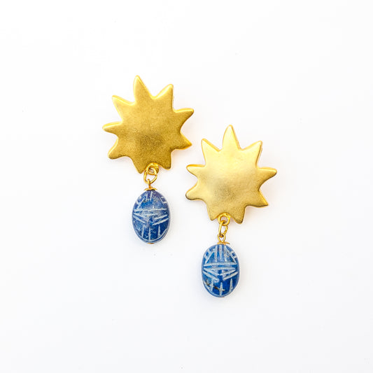 1980's Saks Fifth Avenue Gold Plated Lapis Scarab Stone Earrings